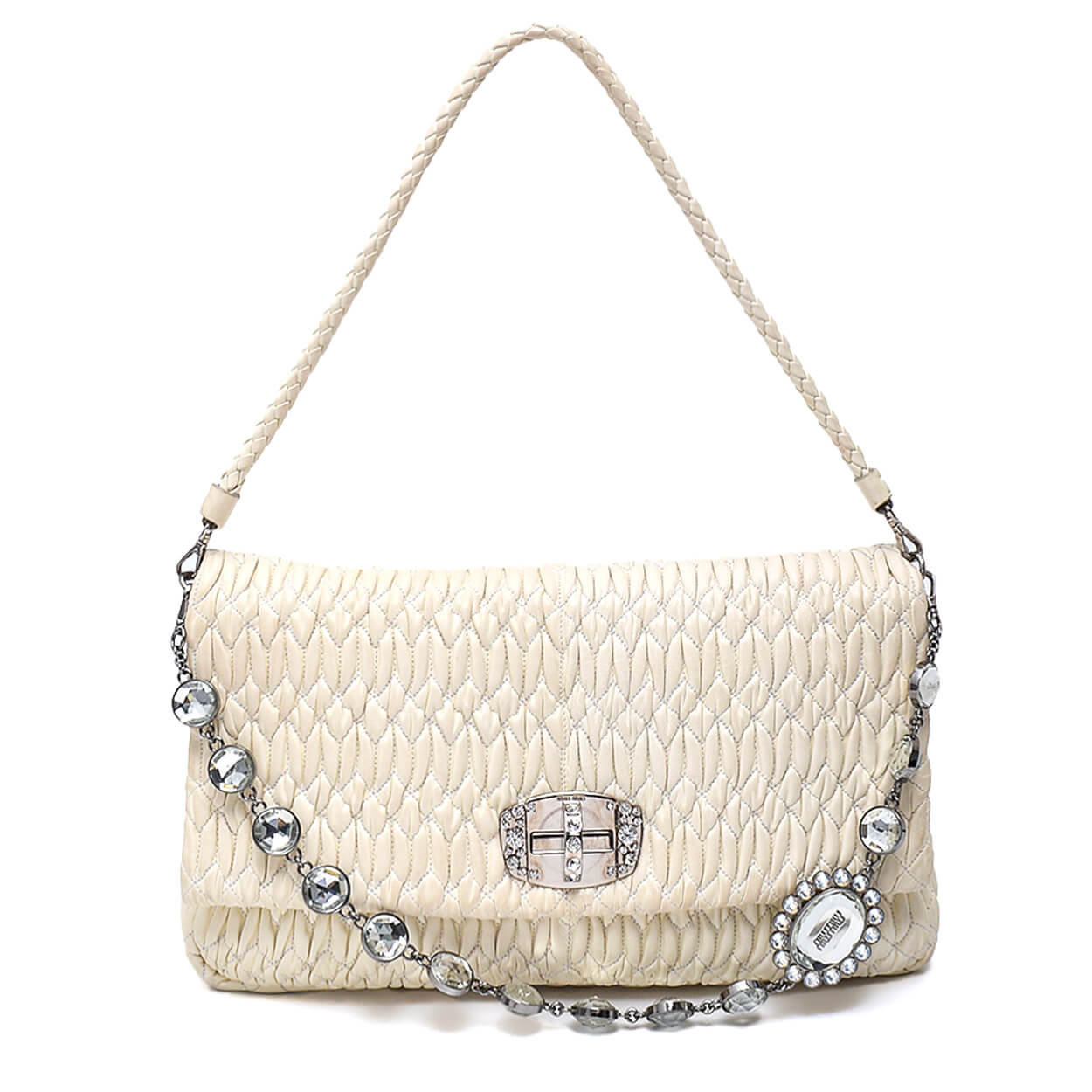 Miu Miu - Cream Matelasse Leather Bag w Iconic Crystal Cloque & Strap 